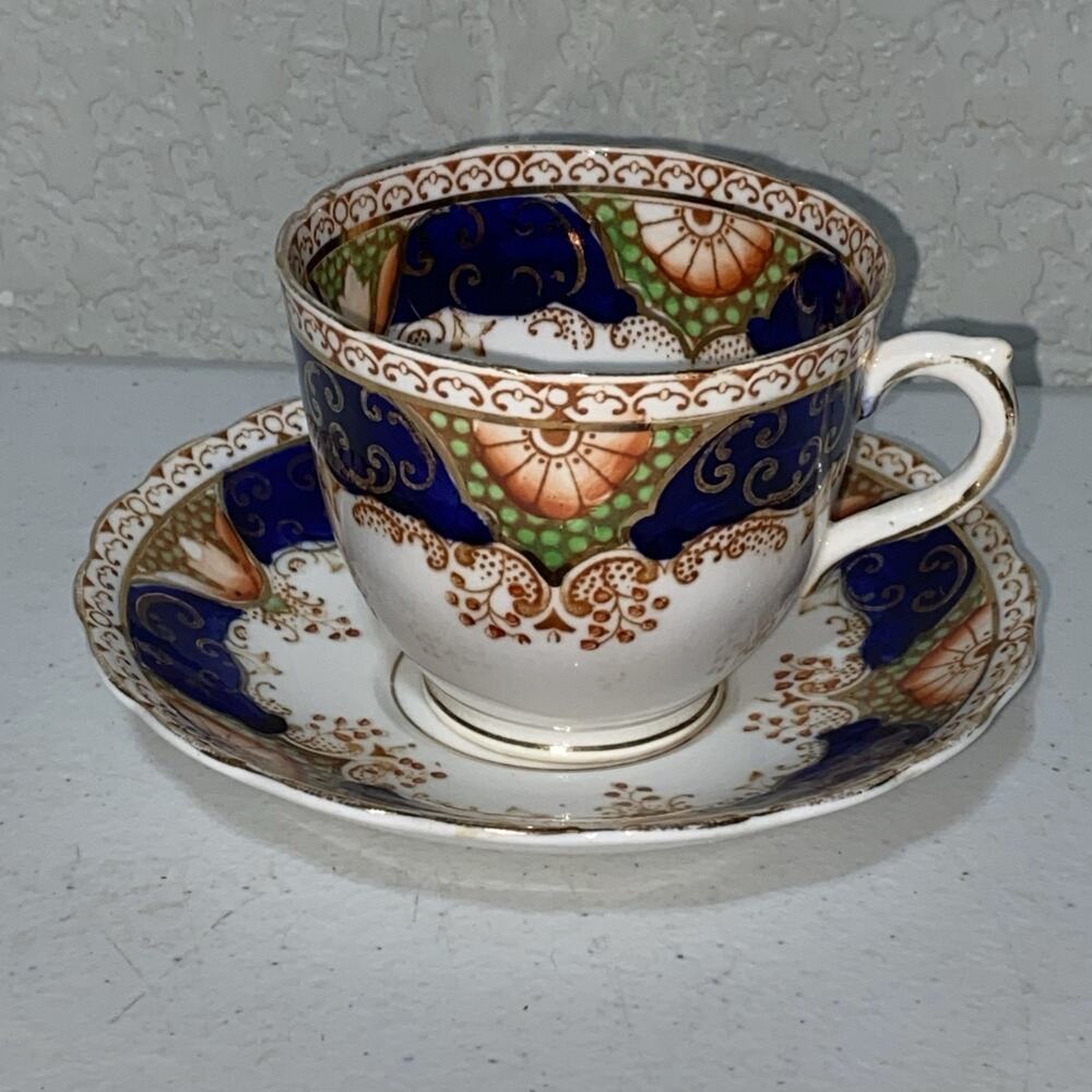 Vintage Royal York England Imari Porcelain Tea Cup & Saucer Set Blue Gold Trim